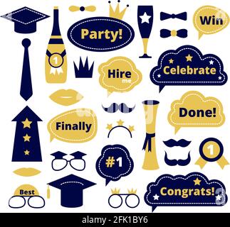 Graduation photo booth. School party props. Graduate funny sticker, speech bubbles. Isolated selfie decoration, congrats students vector set Stock Vector