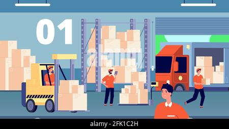 Warehouse interior. Large storage, people inside storehouse. Cargo pallet, workers and loader service. Logistic industry vector illustration Stock Vector