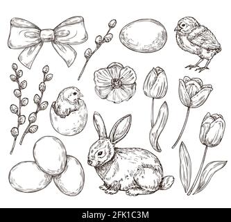 Eggs and chicken. Vintage easter sketch. Hand drawn rustic chicks, bunny. Spring blooming tulips, festive elements. Farm products vector set Stock Vector