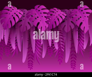 Hot Summer Tropical Leaves. Paper cut style. Monstera and palm leaf. Tropic border. Vector illustration Stock Vector