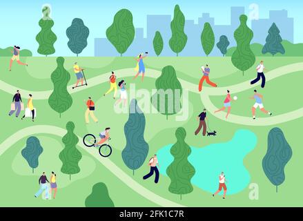 People in summer park. City green garden. Men women walking, relaxing and training, meeting, fishing. Outdoor activity vector illustration Stock Vector