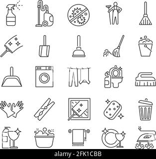 Cleaning service. Outline clean symbols, householding. Laundry housework cleaner. Mirror glass, towel and water simple vector line icons Stock Vector