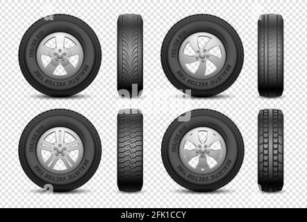 Realistic tires. Isolated car rubber wheel. Vehicle service, truck wheels repair. Front and side view tire vector set Stock Vector