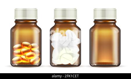 Medicine glass bottles. Realistic pills bottle. Isolated transparent medication packaging vector mockup Stock Vector