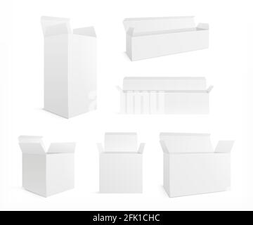 Open realistic box. White carton opening boxes. Blank cosmetic pack and container mockup. Isolated blank medicine or gift package vector set Stock Vector