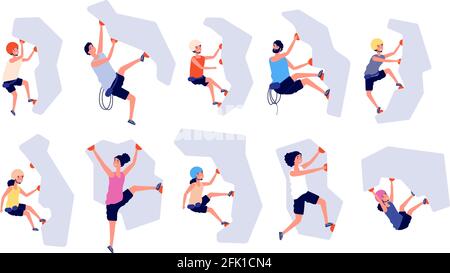 Sport climbing. Kids adults climb wall. Accomplishment top, risk adventure. Isolated strong climbers with equipment, extreme girl vector set Stock Vector
