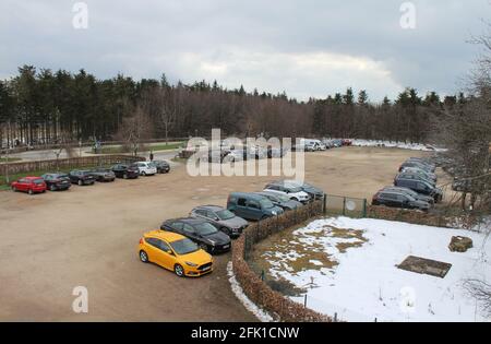 HAUTES FAGNES, BELGIUM, 15 APRIL, 2021: View of the visitors carpark from the highest point in Belgium - Signal de Botrange. It is a popular tourist d Stock Photo