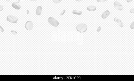 Falling pills. Realistic white drugs, antibiotics or aspirin banner. Pharmacy background with tablets. 3D virus killers vector illustration Stock Vector