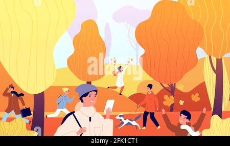 People in autumn park. Family activities on nature. Kids playing, person walk. Fall garden, colorful plant and cityscape vector illustration Stock Vector