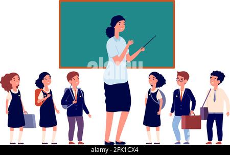 Teacher and students. Elementary school pupils. Young lady near chalkboard and preschool or primary class boys girls vector illustration Stock Vector