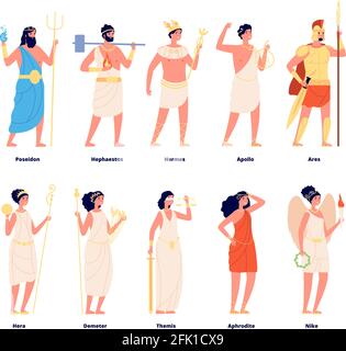 Greek mythology. Olympian gods, goddess. Roman myths characters. Isolated pantheon poseidon and demeter, hermes nike and hera vector set Stock Vector