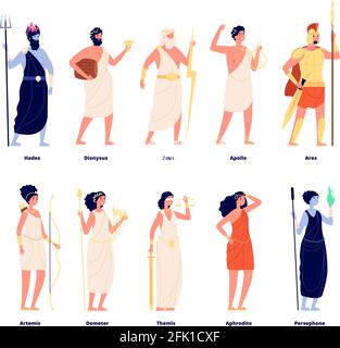 Greek gods. Mythology goddess collection. Cartoon olympians, zeus aphrodite dionysus. Isolated tale stylish characters vector illustration Stock Vector