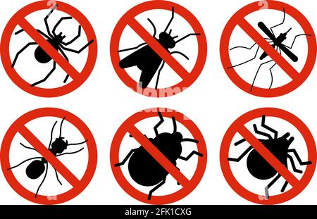 Stop insects. Tick, bugs and mosquito silhouettes. Warning prohibited sign, anti insect vector icons Stock Vector