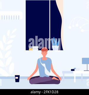 Meditation before going to bed. Evening rest, brain reload. Man sits in lotus position with his eyes closed in living room vector illustration Stock Vector