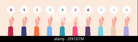 Hand holding cards. Judges marks, color scorecards in hands. Competition scores or feedback, game contest numbers tables. Voting vector set Stock Vector