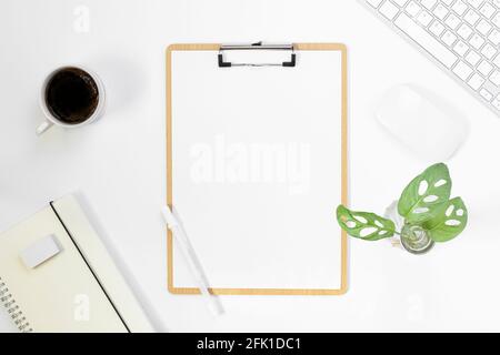 Minimal Office desk table top view with office supply and coffee Stock Photo