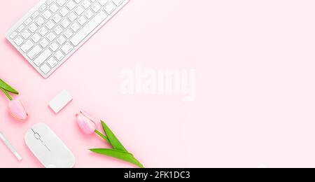 Minimal office desk table with Keyboard computer, mouse, white p Stock Photo