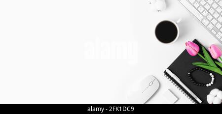 Minimal office desk table with Keyboard computer, coffee cup, mo Stock Photo