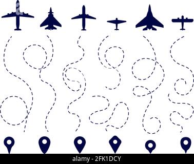 Aircraft routes. Plane direction trail. Flight dotted lines, aviation travel paths. Map navigation graphic, pin pointers airplane vector set Stock Vector