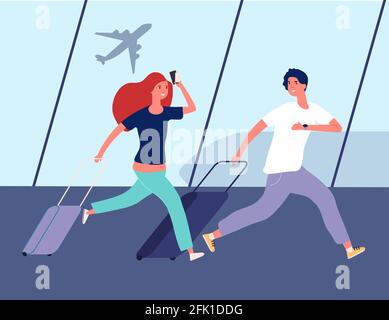 People in airport. Young couple run to airplane. Man woman with suitcases. Family vacations or summer rest vector illustration Stock Vector