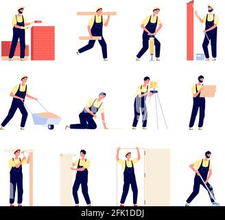 Builder workers. Construction man in helmet, handyman team. Flat male engineers, architects and workman with equipment or tools vector set Stock Vector