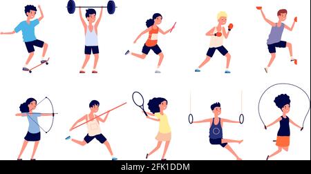 Kids activities. Athletics children, active boy girl characters. Kid sport, play and exercise. Summer games for street or park vector set Stock Vector