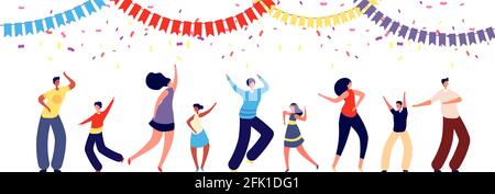 People on party. Fun dance group. Happy parent and kids. Corporate business or family celebrate, woman man child dancing vector illustration Stock Vector