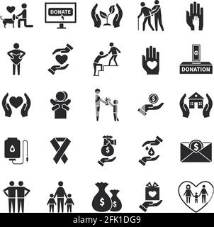 Charity icons. Volunteer helping, world social communities symbols. Donation service or child support, fundraiser foundations vector set Stock Vector