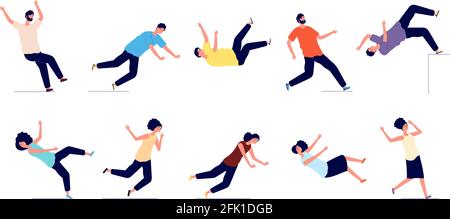 Falling man. People fall from stairs, slip and stumble. Safety persons, dangerous trauma. Young women men accidents vector illustration Stock Vector