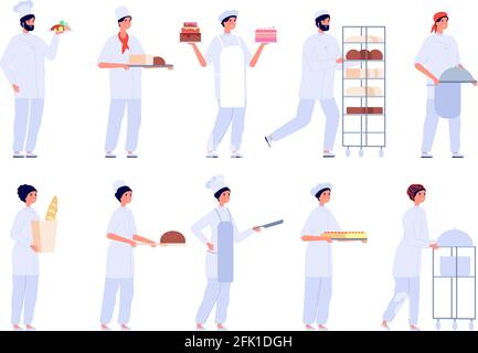 Bakers characters. Cartoon cute girl bake cake. Flat professional chef baking. Bakery, confectionery and bread, people cooking vector set Stock Vector