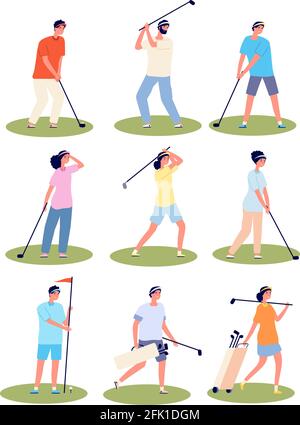 Golf playing. Cartoon fun golfing players, sport time. Isolated golfers in uniform sporting outfits. Flat men women recreation vector set Stock Vector