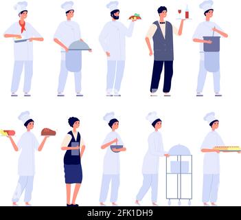 Restaurant team. Food specialist, flat chef and waiter. Isolated cafe manager, friendly staff. Male female cooking, kitchen workers vector set Stock Vector