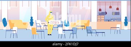 Closed restaurant. Cafe interior, empty food court or mall coffee bar. Epidemic or pandemic, man in protective suit in public place vector Stock Vector