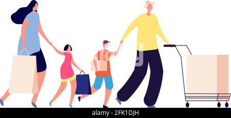 Family on shopping. Beauty people, couple with shop cart. Flat happy customers. Isolated woman, kids and man with bags vector illustration Stock Vector