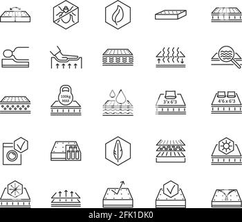 Mattress icons. Soft latex foam memory symbols. Line mattresses, natural organic and orthopedic bedding. Washable breathable bed vector set Stock Vector