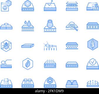 Orthopedic mattress icons. Memory foam, natural bedding line symbols. Breathable, latex and washable soft orthopedic outline beds vector set Stock Vector