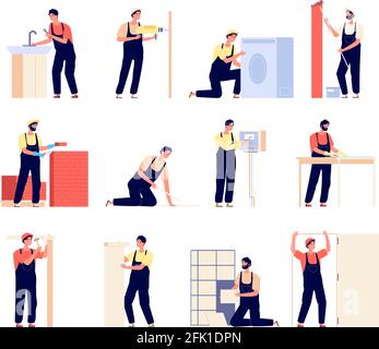 Repairman. Home workers, electrician carpenter and painter. Flat men with repair tools, people renovation working. Handyman vector set Stock Vector