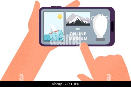 Online museum. Hands holding smartphone with tour of exhibition of paintings on Internet. Free art gallery app or guide vector illustration Stock Vector