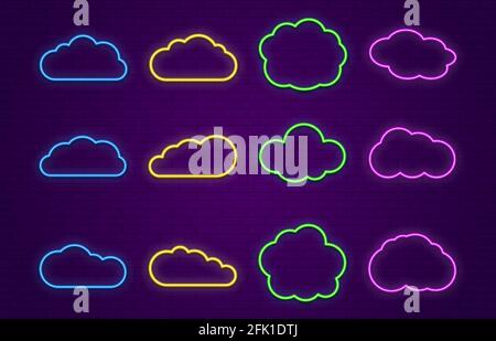 Cloud icons. Line neon speech bubbles forms for bar, restaurant or outside hang banner. Glowing colorful clouds vector set Stock Vector