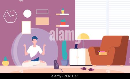 Isolated man. Introvert at home, mental calm and meditation. Boy thinking or guy relaxes separated from world. Voluntary loneliness concept. Person Stock Vector