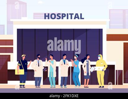 Medical team. Hospital building, professional nurse and doctors. Health specialist staff in uniform. Cartoon physicians vector illustration Stock Vector