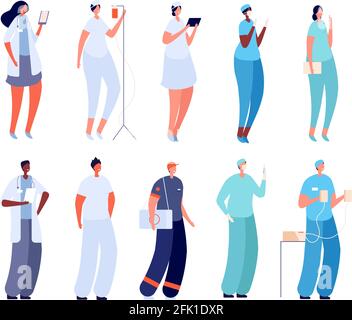 Doctor and nurse. Flat hospital intern, surgeon paramedic. Young medical team. Isolated male female infectious disease specialist vector set Stock Vector