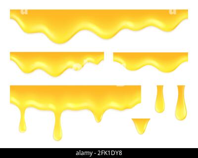 Dripping honey. Golden juice, melting syrup or sauce. Isolated realistic sweet drops, drip amber oil. Gold flow, 3d liquid vector background Stock Vector