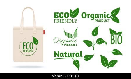 Eco friendly shopping bag. Realistic textile pack mockup for organic shop. Natural products labels and leaves icons. Personal package design creator Stock Vector