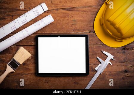 Work tools with tablet on wooden background close up Stock Photo