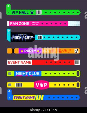 Event bracelets. Party festival entrance paper wristbands. Concert invitation ticket mockup. Music entertainments entry wristlet vector set Stock Vector