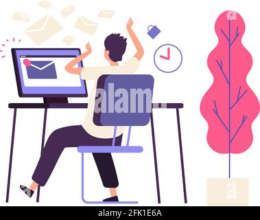 Inefficient time management. Administrator receives lot of messages. Busy man, operator or manager flat character. Info e-mail, deadline vector Stock Vector