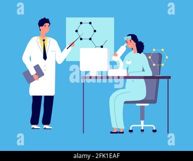 Scientists characters. People in white lab coat, chemical researcher with laboratory clinical equipment. Isolated Stock Vector