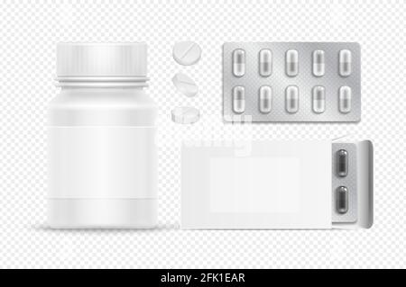 Medical packs. White pills plastic bottle and cardboard box. Realistic drugs in silver blister. Isolated antibiotic or aspirin tablets vector Stock Vector