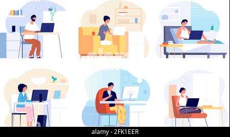 Home office. Work from house, busy woman man working. Isolation period or quarantine, people with computers in rooms interior vector set Stock Vector